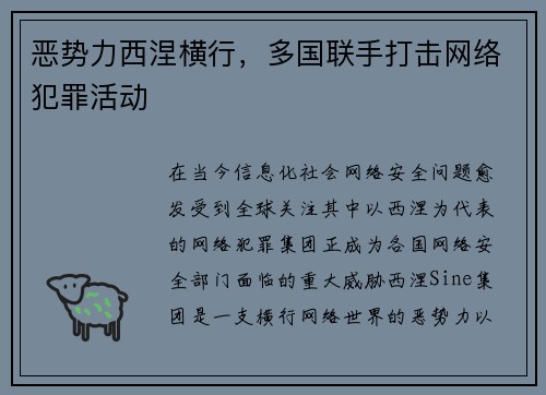 恶势力西涅横行，多国联手打击网络犯罪活动